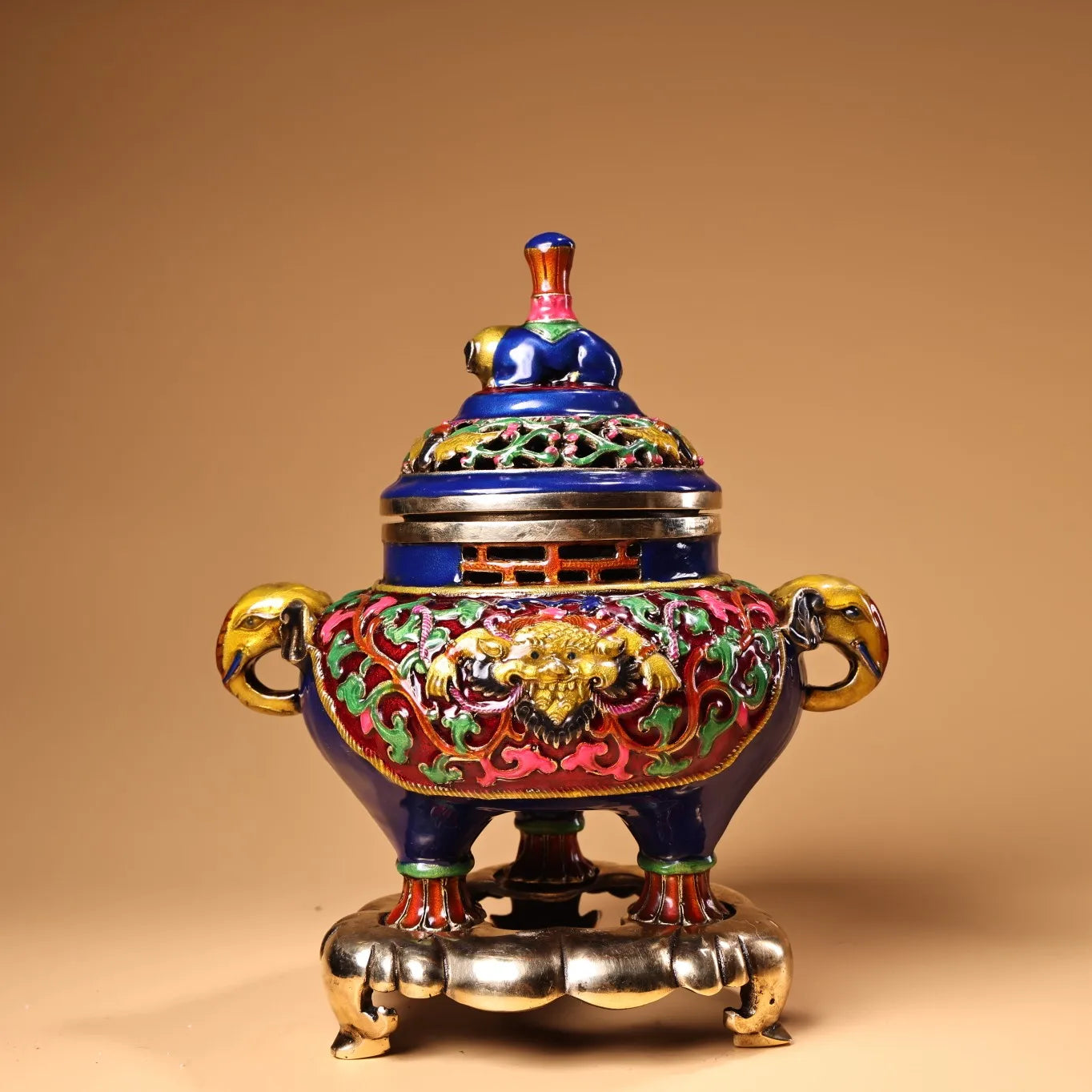 8" Bronze Cloisonné Elephant Incense Burner – Three-Legged Temple Censer