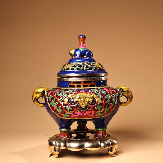 8" Bronze Cloisonné Elephant Incense Burner – Three-Legged Temple Censer