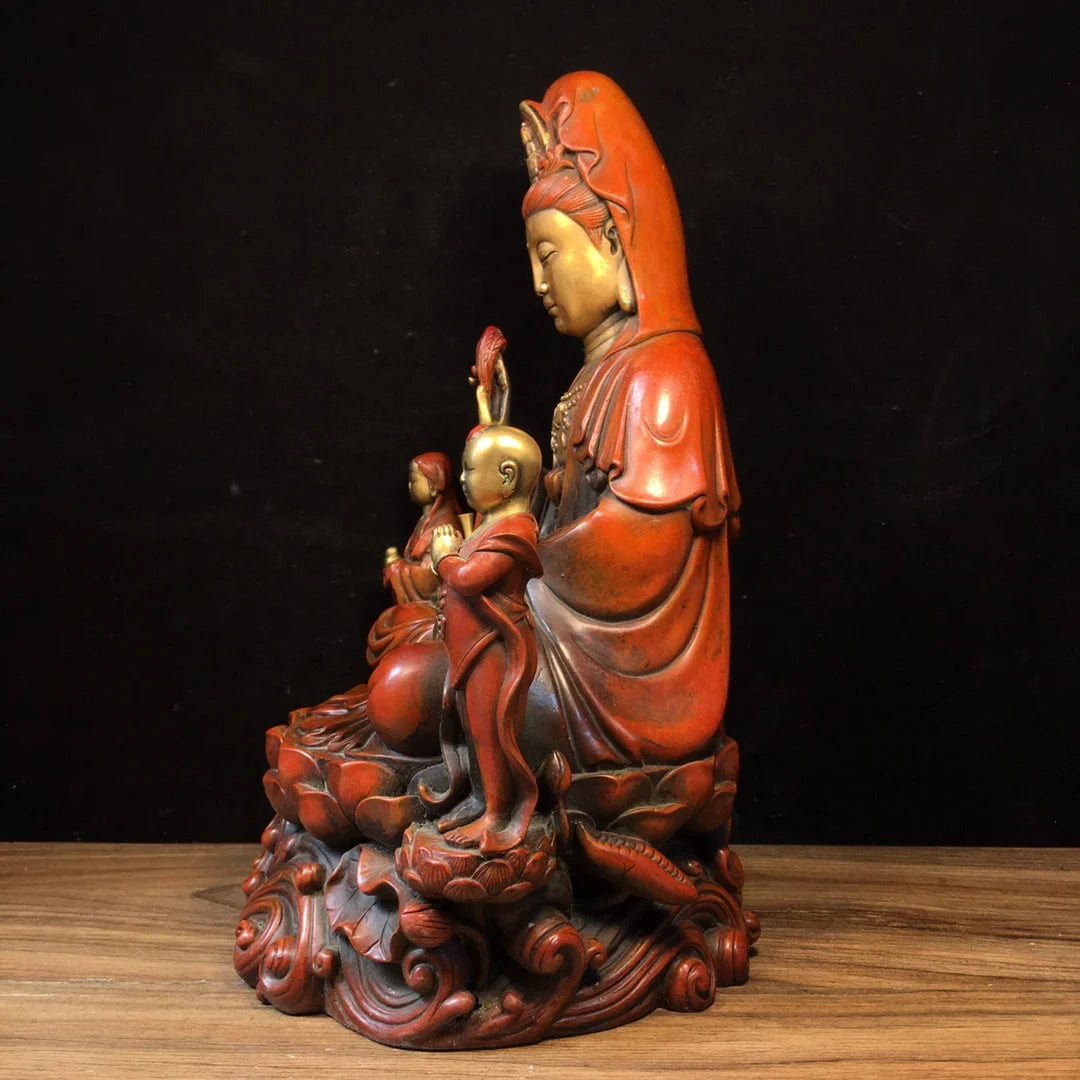 12" Bronze Gilded “Sending Boy” Guanyin – Temple Bodhisattva Statue