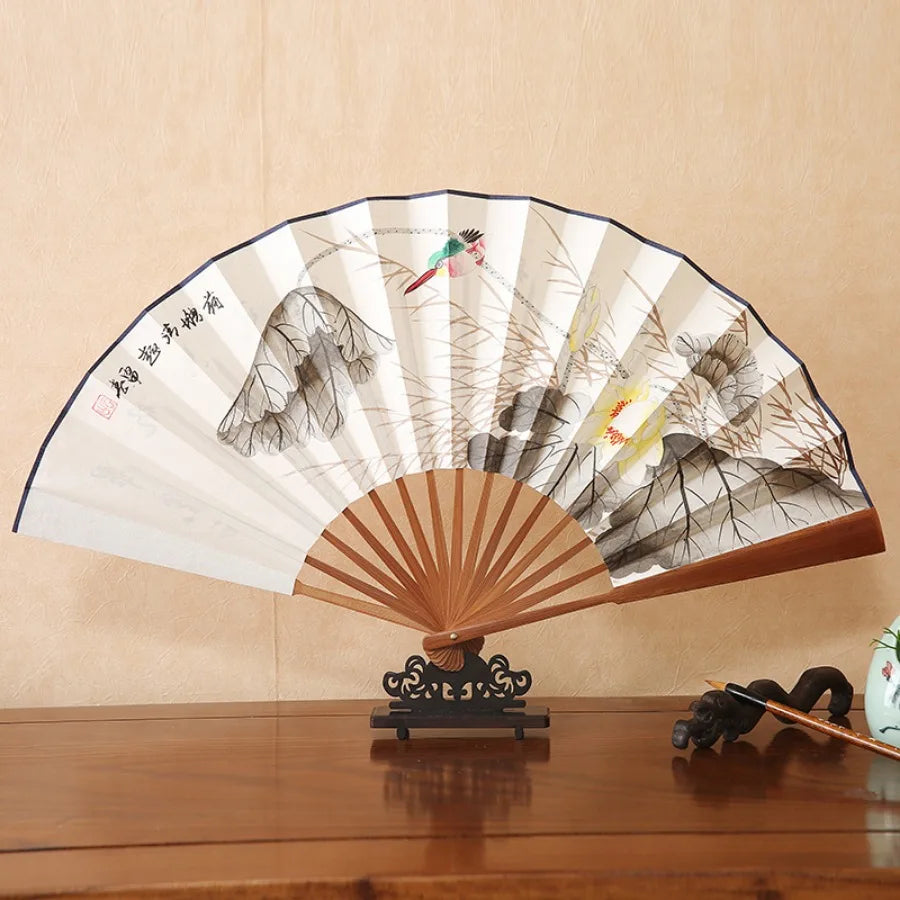1Pcs Chinese Style Retro Folding Silk Fan Decorative Men Pocket Bamboo Handle Hand Held Fan Party Favors Home Decoration Crafts