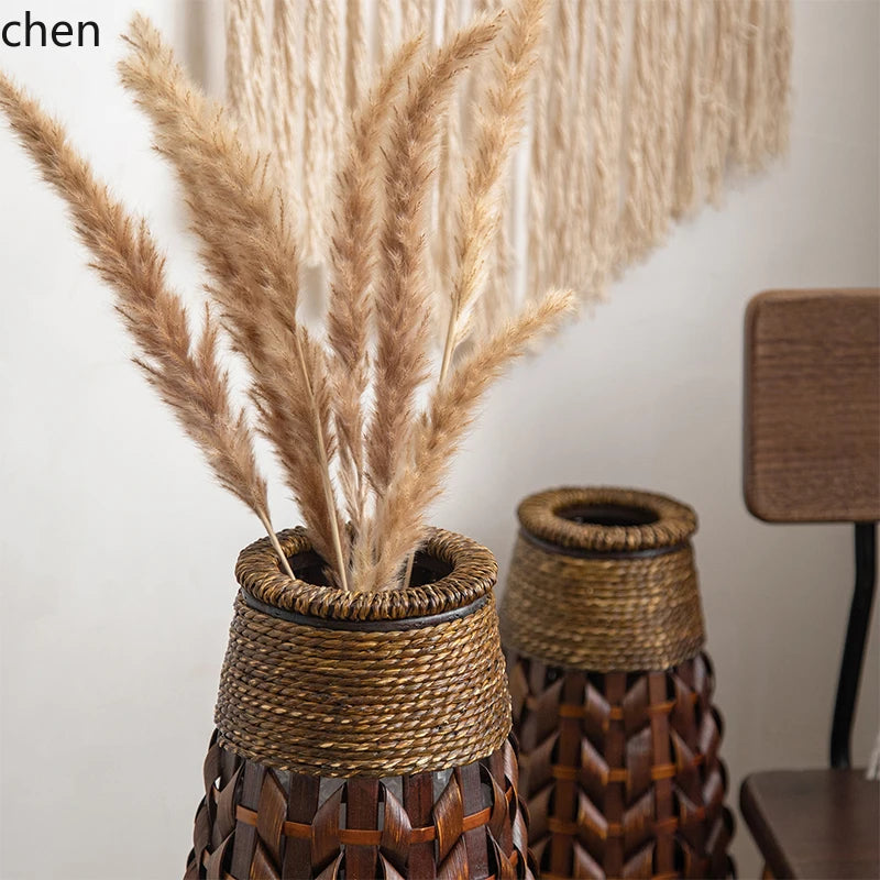 Retro Woven Rattan & Bamboo Glass Vase – Natural Dried Flower Basket