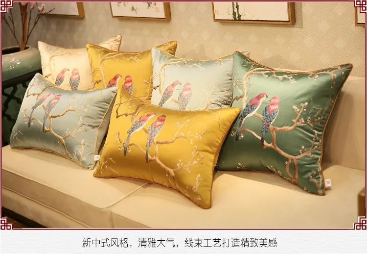 Chinese-Style Sparrow Embroidered Cushion Cover – Blackish-Green Throw Pillow Case