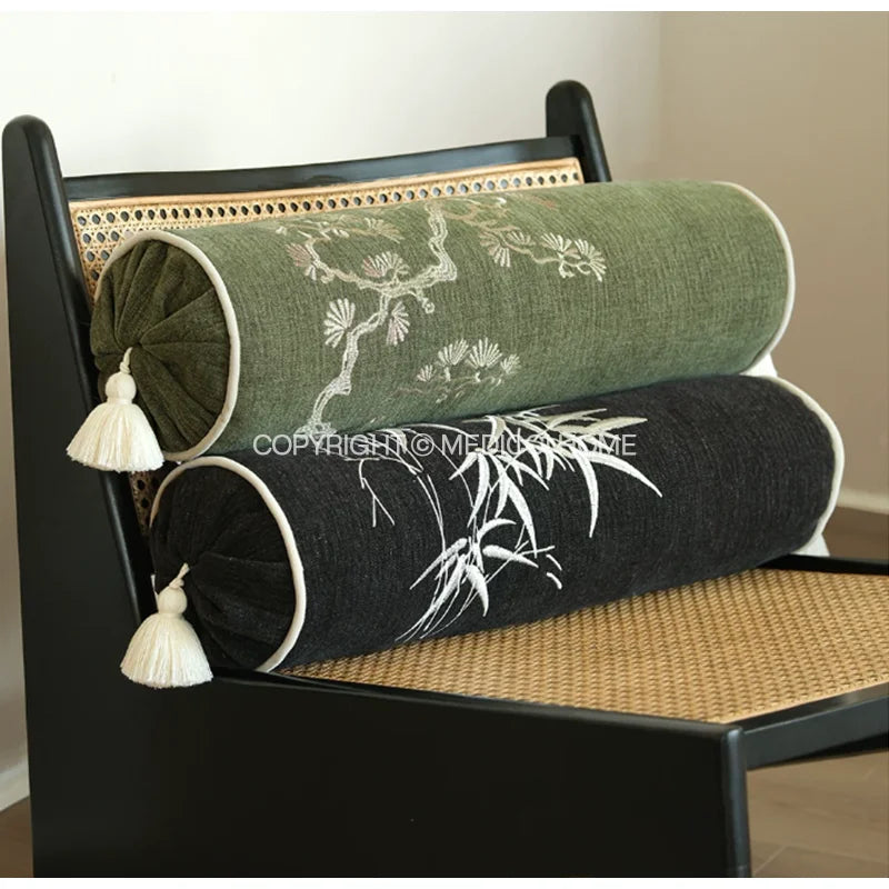 Luxury Bamboo Embroidery Cylindrical Bolster Cover (16×57cm) – Chinoiserie Neck Roll & Daybed Cushion Case