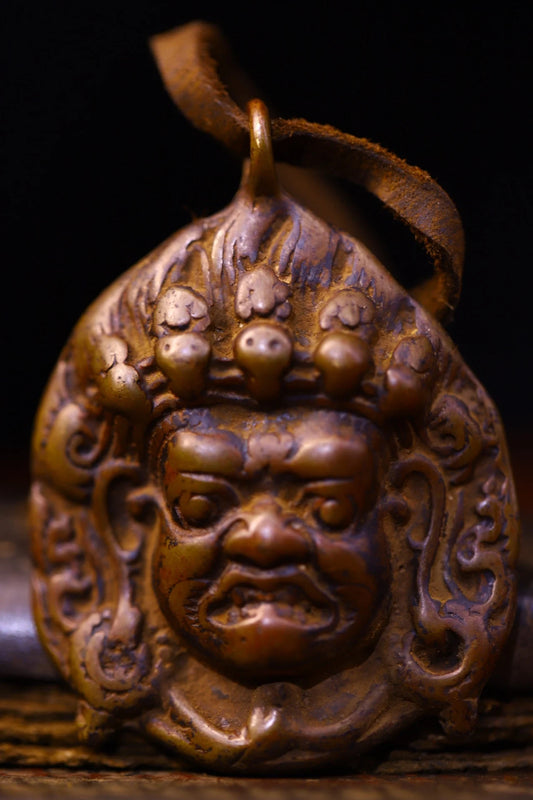 Bronze Cinnabar Mahakala Head Pendant – Temple Protector Amulet