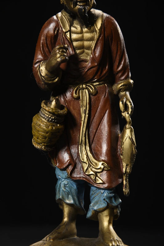 8" Tibetan Temple Collection Old Bronze Painted & Gilded Fisherman Statue