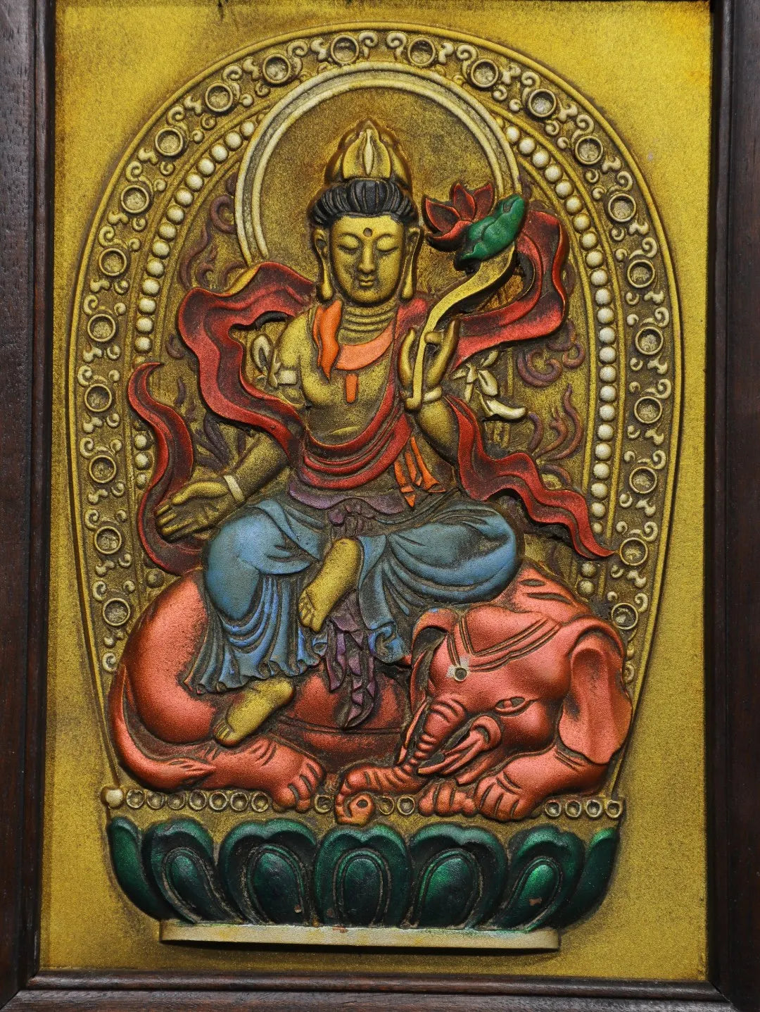 13"Tibetan Temple Collection Old Wood Carving Sitting Dragon Guanyin Bodhisattva Buddha Thangka hanging panel Worship Hall