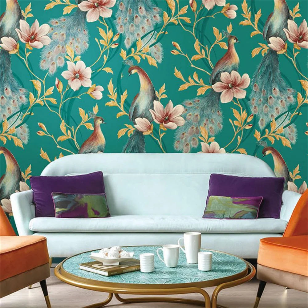 Southeast Asian Floral & Peacock Feather Wall Mural – Exotic Tropical Wallpaper