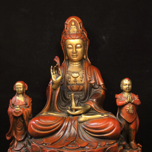 12" Bronze Gilded “Sending Boy” Guanyin – Temple Bodhisattva Statue