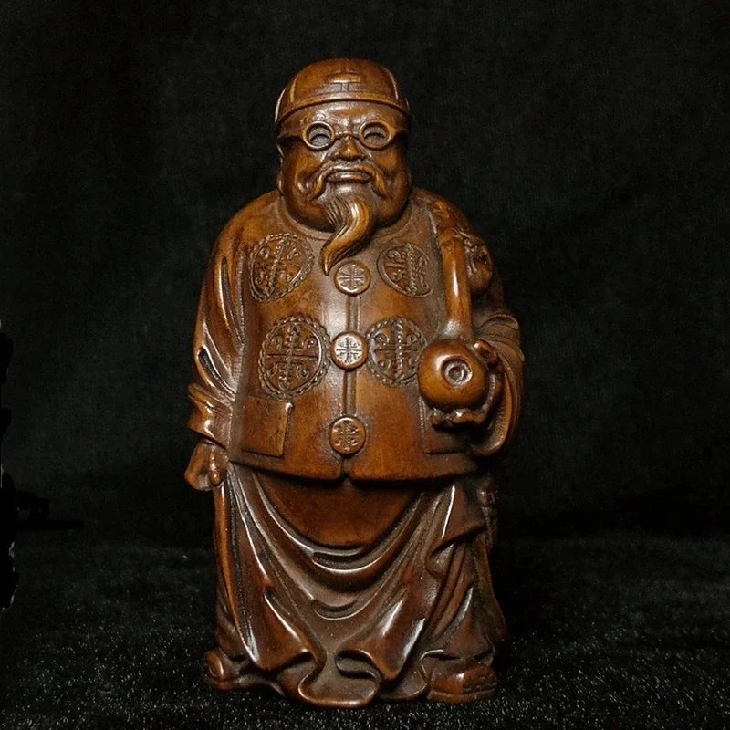 Old Chinese Japanese Boxwood Hand Carved Moneybags Rich Man God of Wealth Statue Netsuke Table Decoration