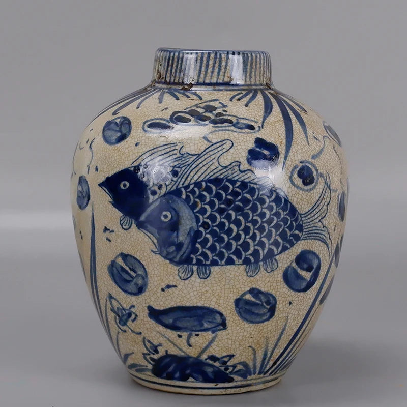 Yuan Blue And White Hand-painted Fish Bath Pattern Lotus Seed Jar