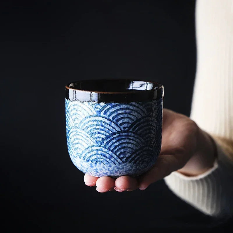 Chanshova Handmade Retro Ceramic Teacup – Hand-Painted Ocean Wave Mug (80–200ml)