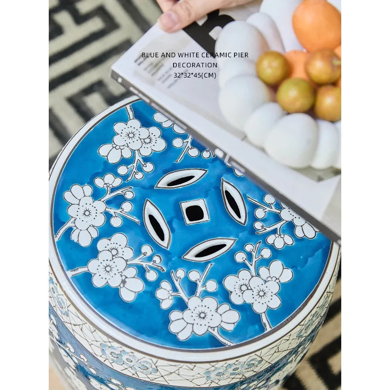 New Chinese Hand-Painted Blue & White Porcelain Drum Stool | Plum Blossom Side Table