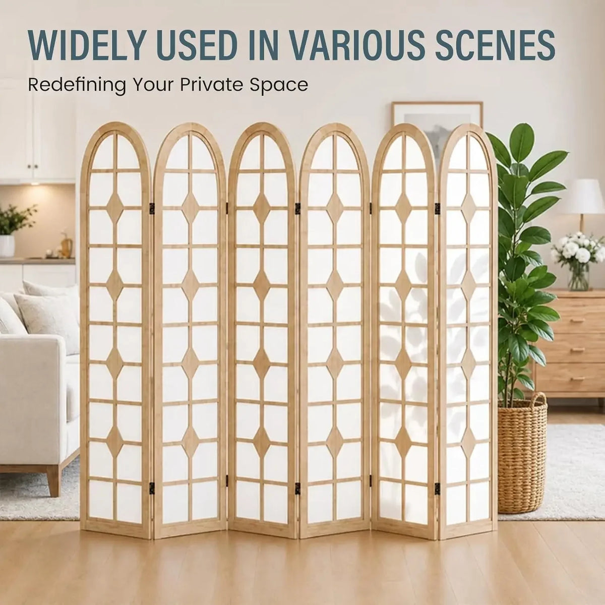 6 Panel Shoji Room Divider, Wood Folding Privacy Screen, Natural | Wood Room Divider Indoor, Portable Room Partition Divider for
