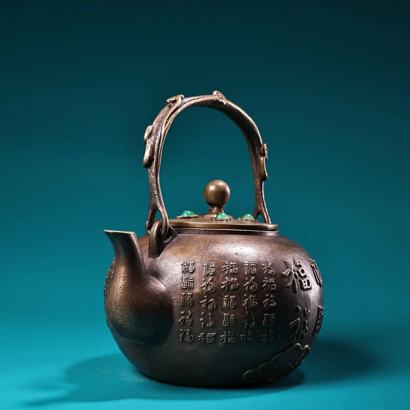 8" Tibetan Temple Collection Old Bronze Cinnabar Mosaic Gem “Hundred Blessings” Pot / Teapot