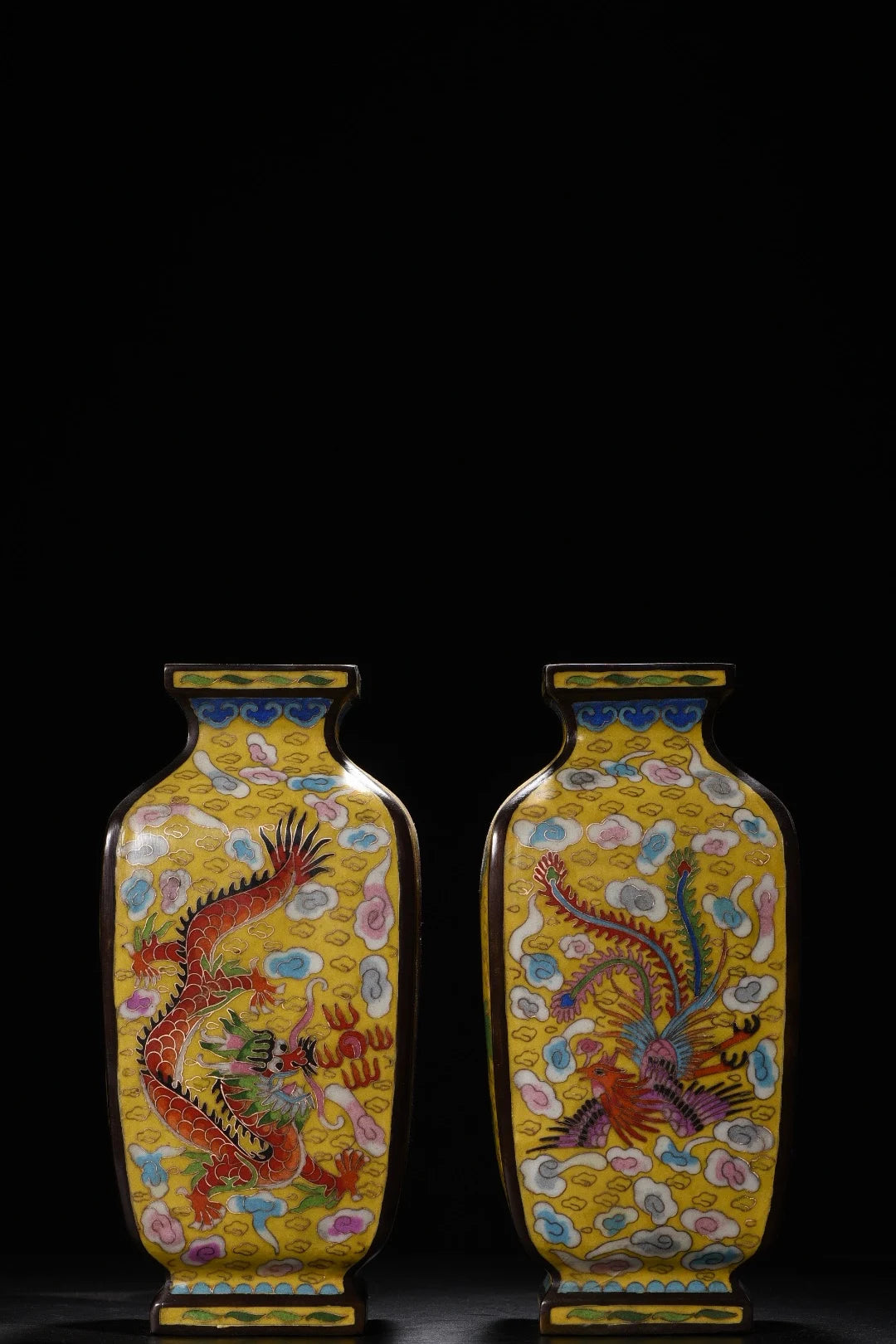 10" Tibetan Temple Collection Old Bronze Cloisonné Enamel Dragon & Phoenix Square Bottle Vases (Pair)