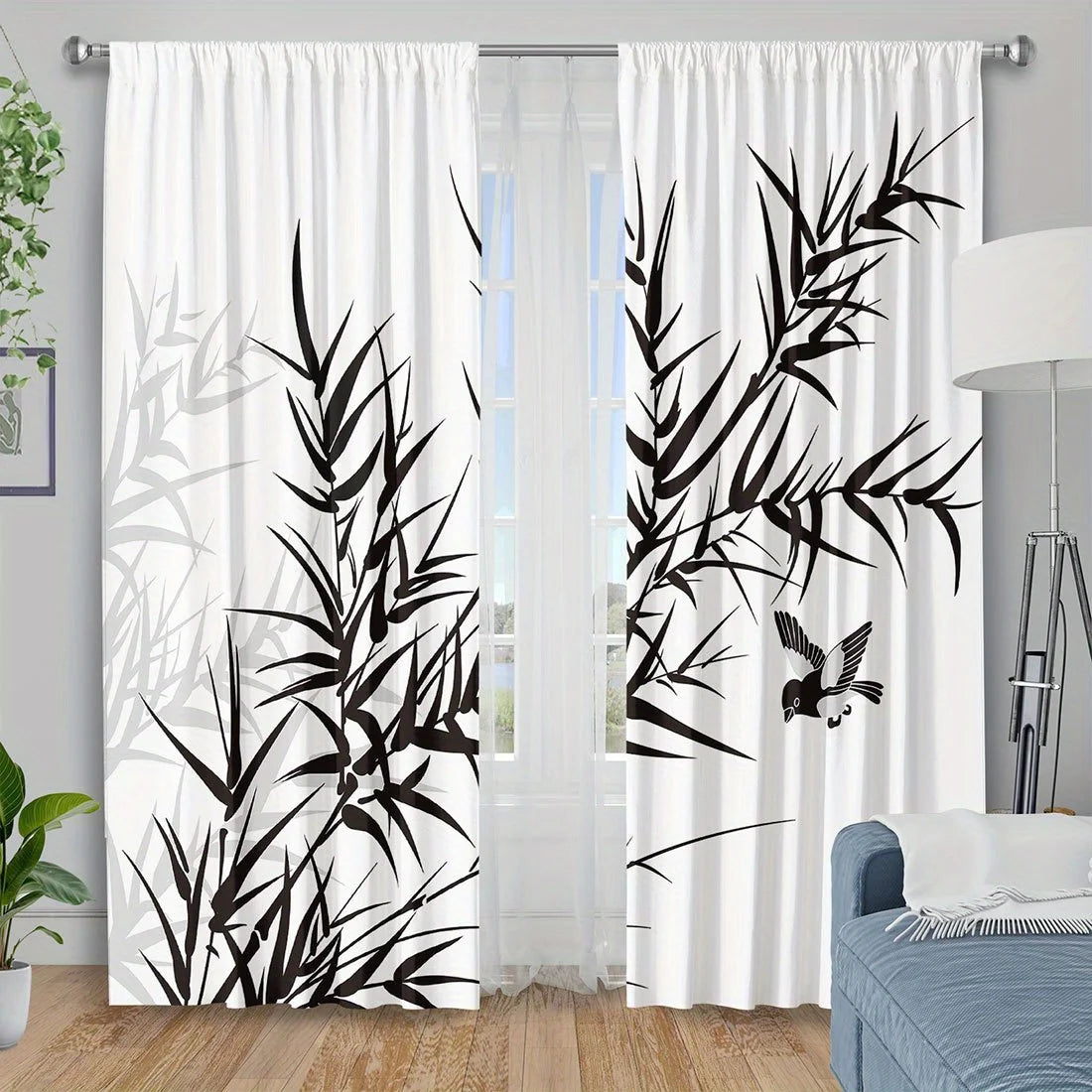 Chinese Ink-Wash Bamboo Window Curtains – Black & White Zen Botanical Drapes