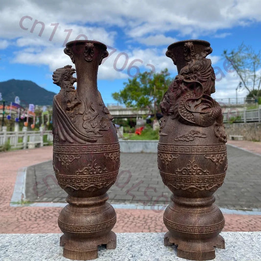 Handgeschnitzte vietnamesische Adlerholz Drachen & Phönix Vase - 25 cm Feng Shui Skulptur für Heimdekoration, Wohnzimmer, Büro, Geschenke