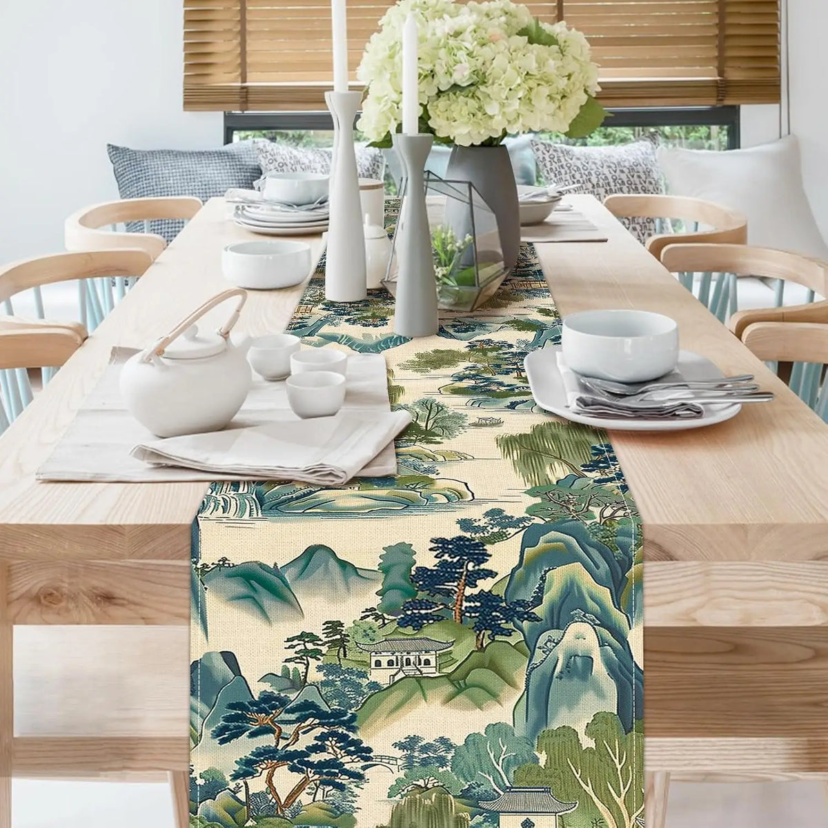 Chinoiserie Shan Shui Landscape Linen Table Runner | Blue, Green & White Dining Decor