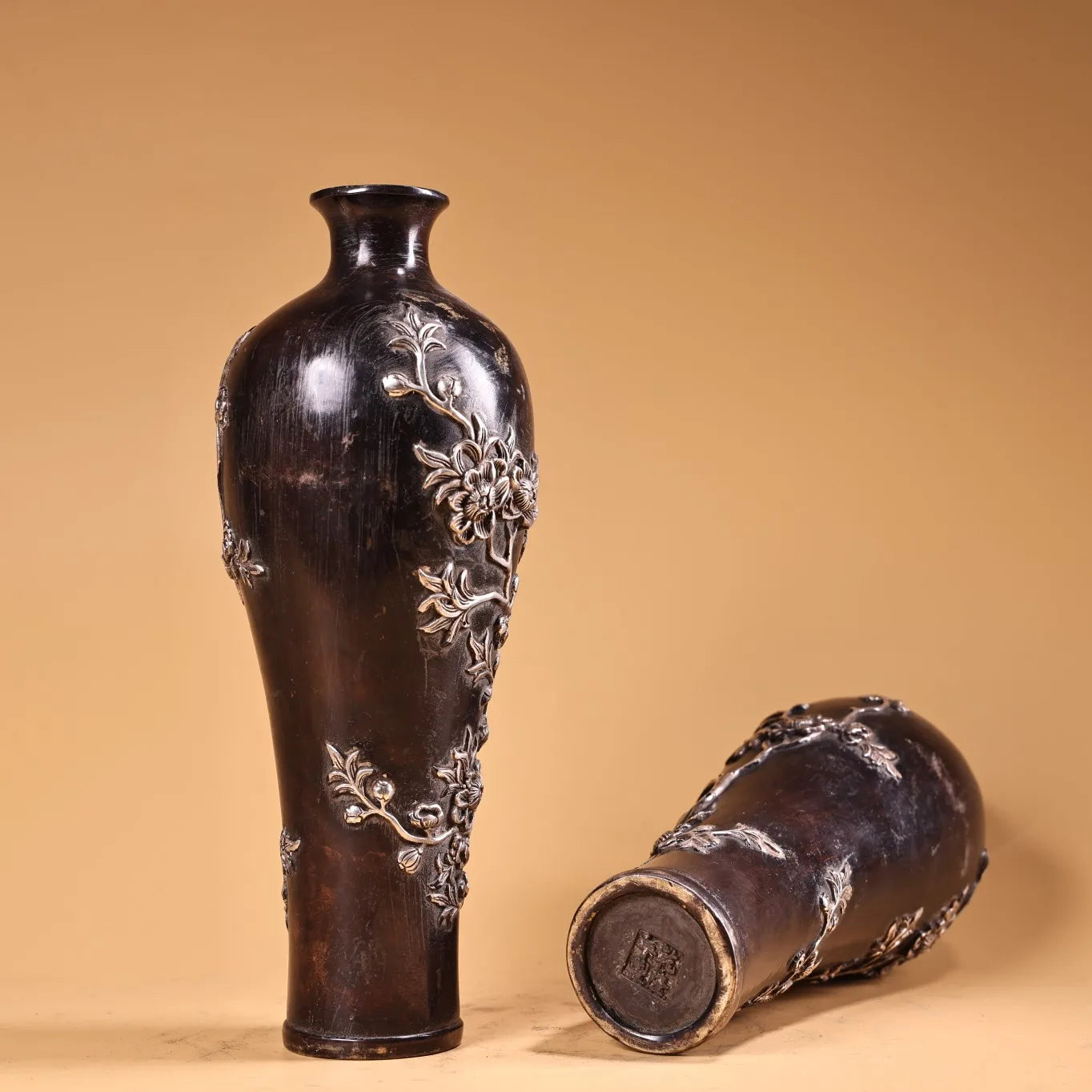 9" Bronze Gilded Silver Magpie & Plum Blossom Vase Pair