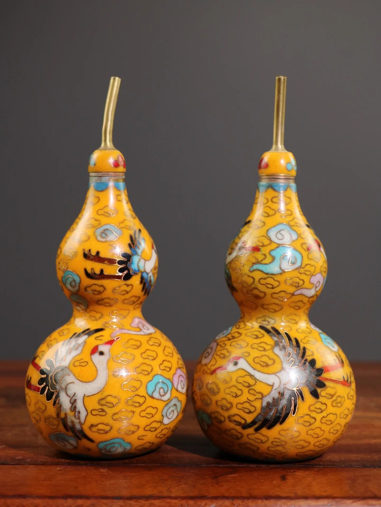 7" tibetisches Bronze Cloisonné Kranich-Kürbis-Paar – Asiatische Heimdekoration