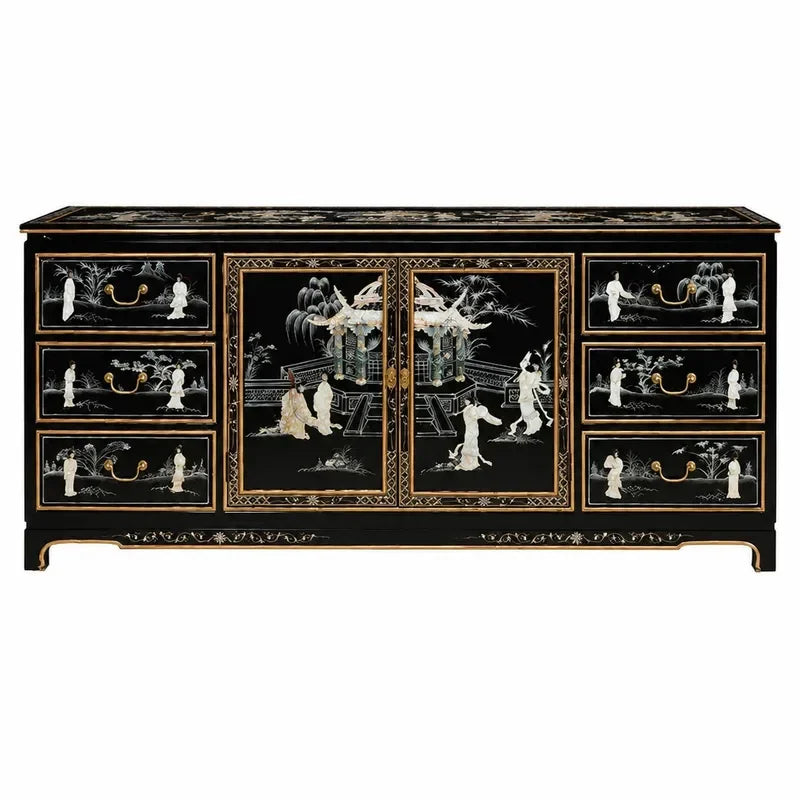 Piano Finish Solid Wood Six Drawer Two Door Cabinet Dining Sideboard with Mother of Pearl Inlay Ming Qing Style Classical