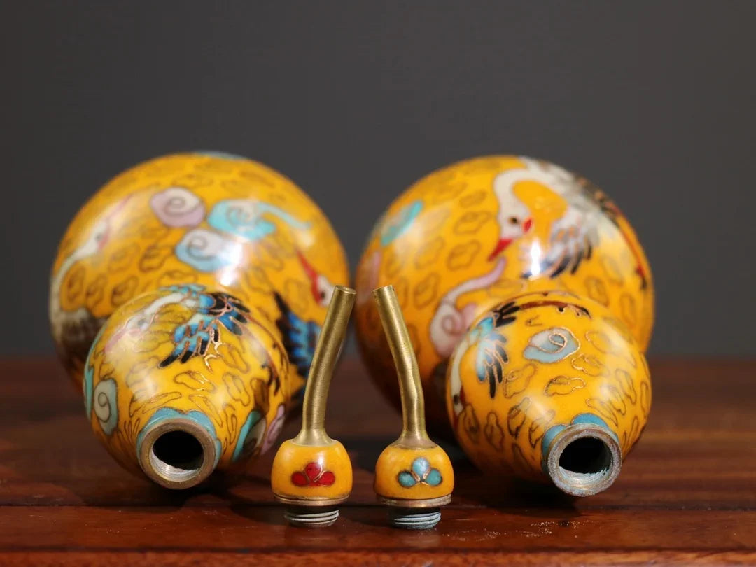 7" tibetisches Bronze Cloisonné Kranich-Kürbis-Paar – Asiatische Heimdekoration