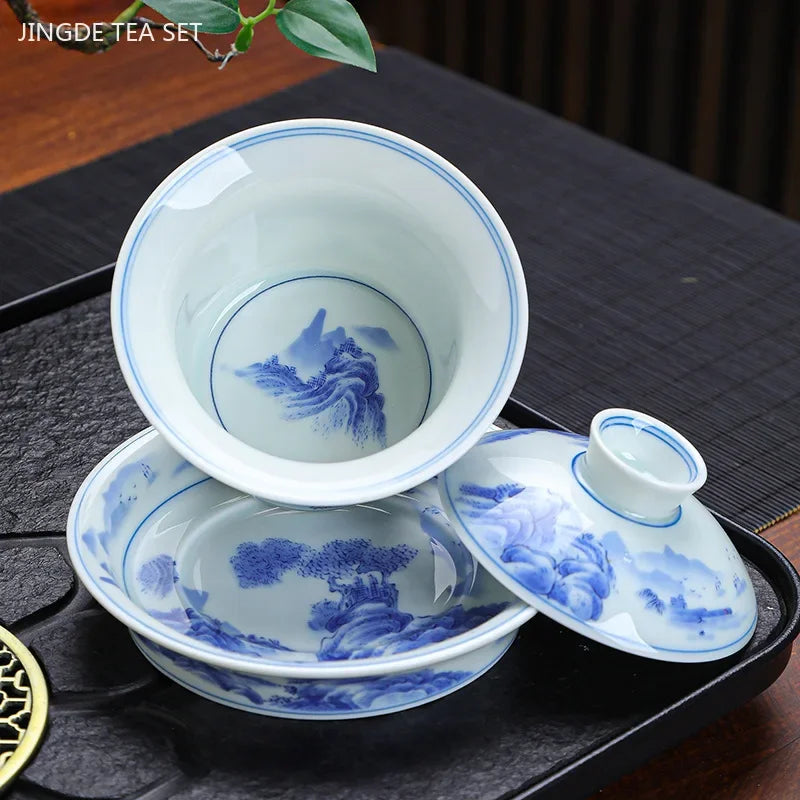 Luxurious 150ml Blue and White Porcelain Gaiwan – Handmade Tea Tureen
