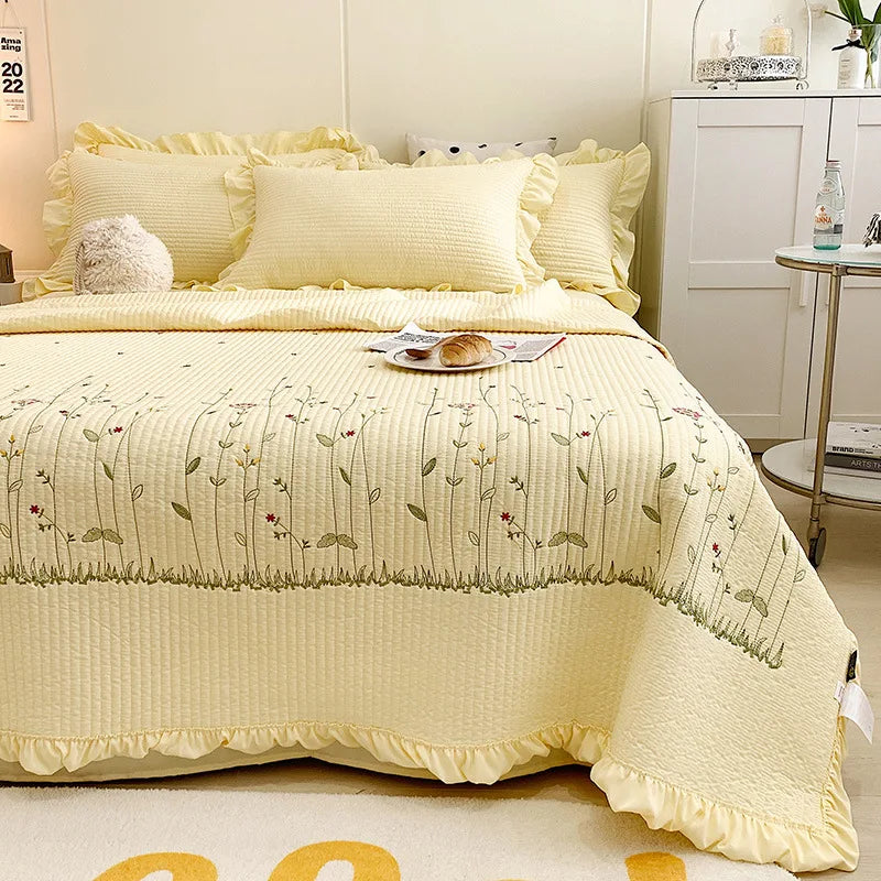 Korean Ruffle & Floral Embroidered Summer Quilt – Lightweight Cooling Bedspread & Coverlet