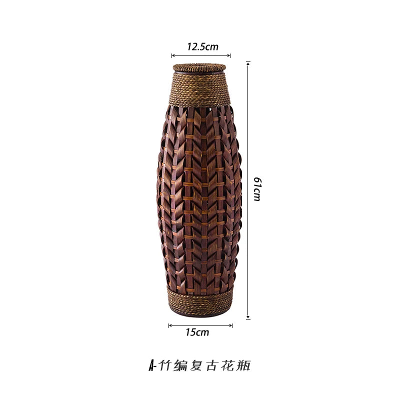 Retro Woven Rattan & Bamboo Glass Vase – Natural Dried Flower Basket