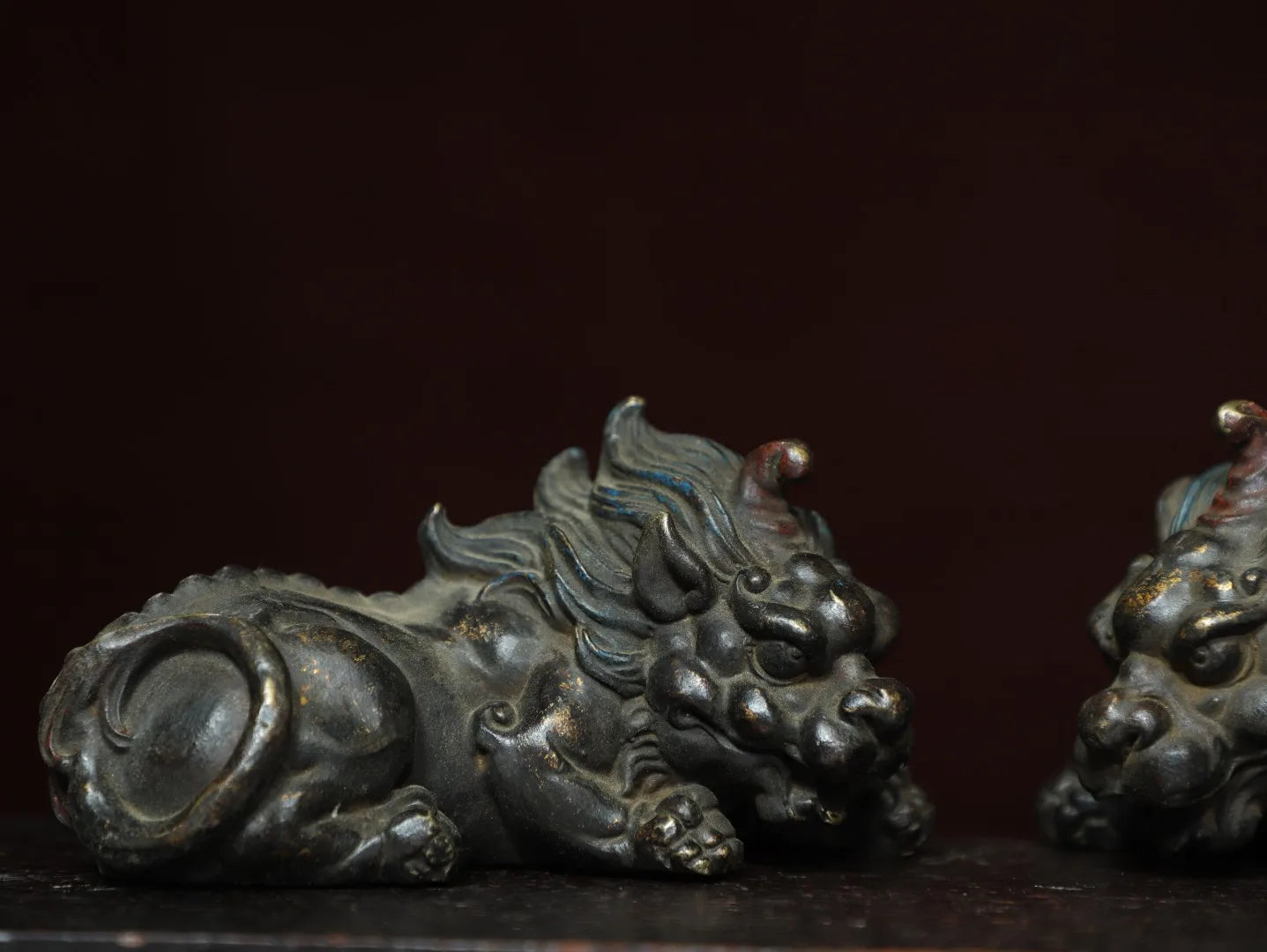 7"Tibetan Temple Collection Old Bronze Gilded Unicorn Lion Statue A Pair Divine beast Amass wealth Ornaments Town house