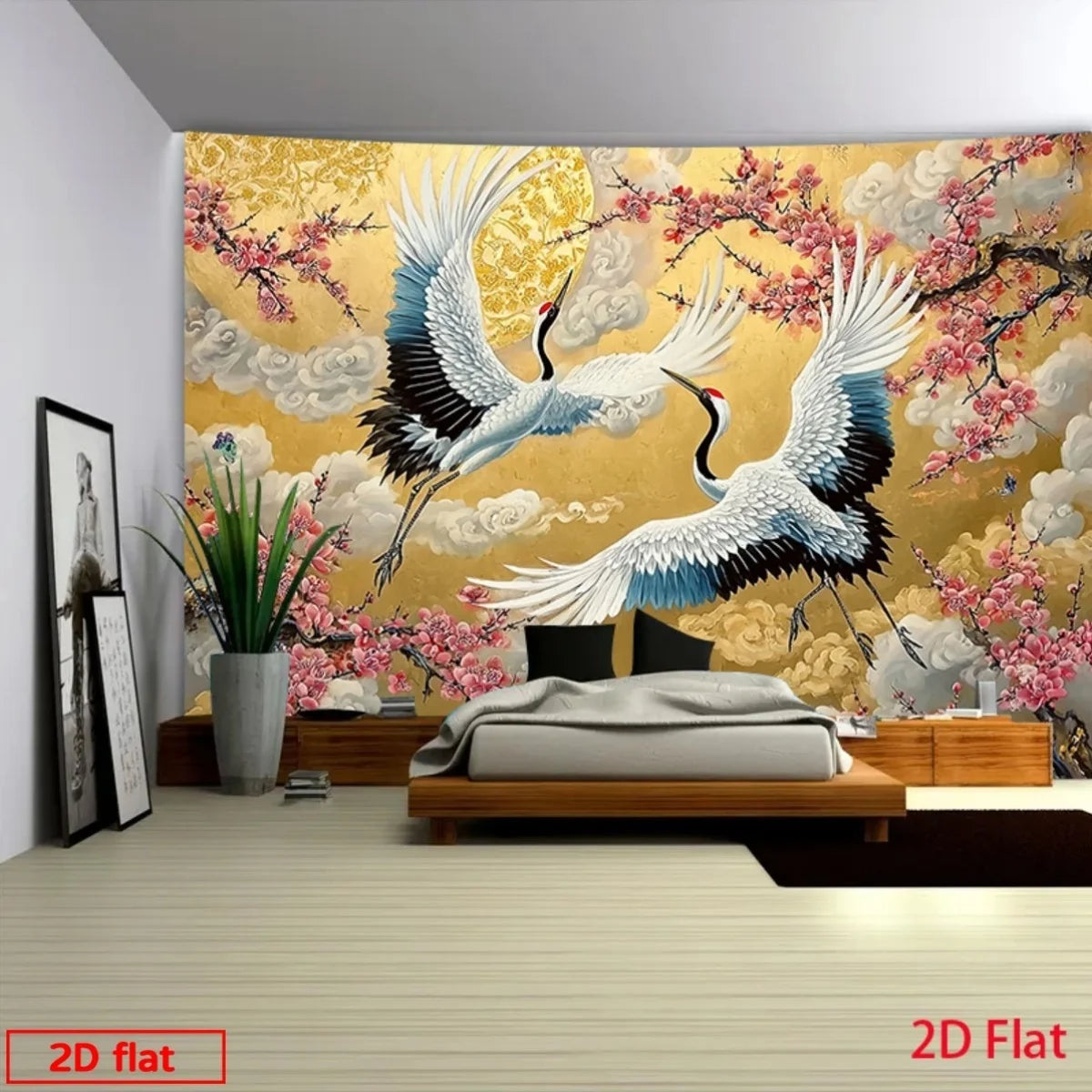 Majestic Birds & Cherry Blossom Wall Tapestry | Luxury Gold Asian Art Hanging