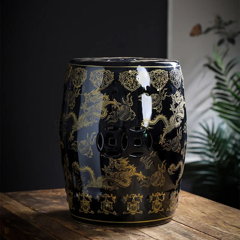 Black & Gold Dragon Porcelain Drum Stool | Modern Chinese Accent Seat & Side Table