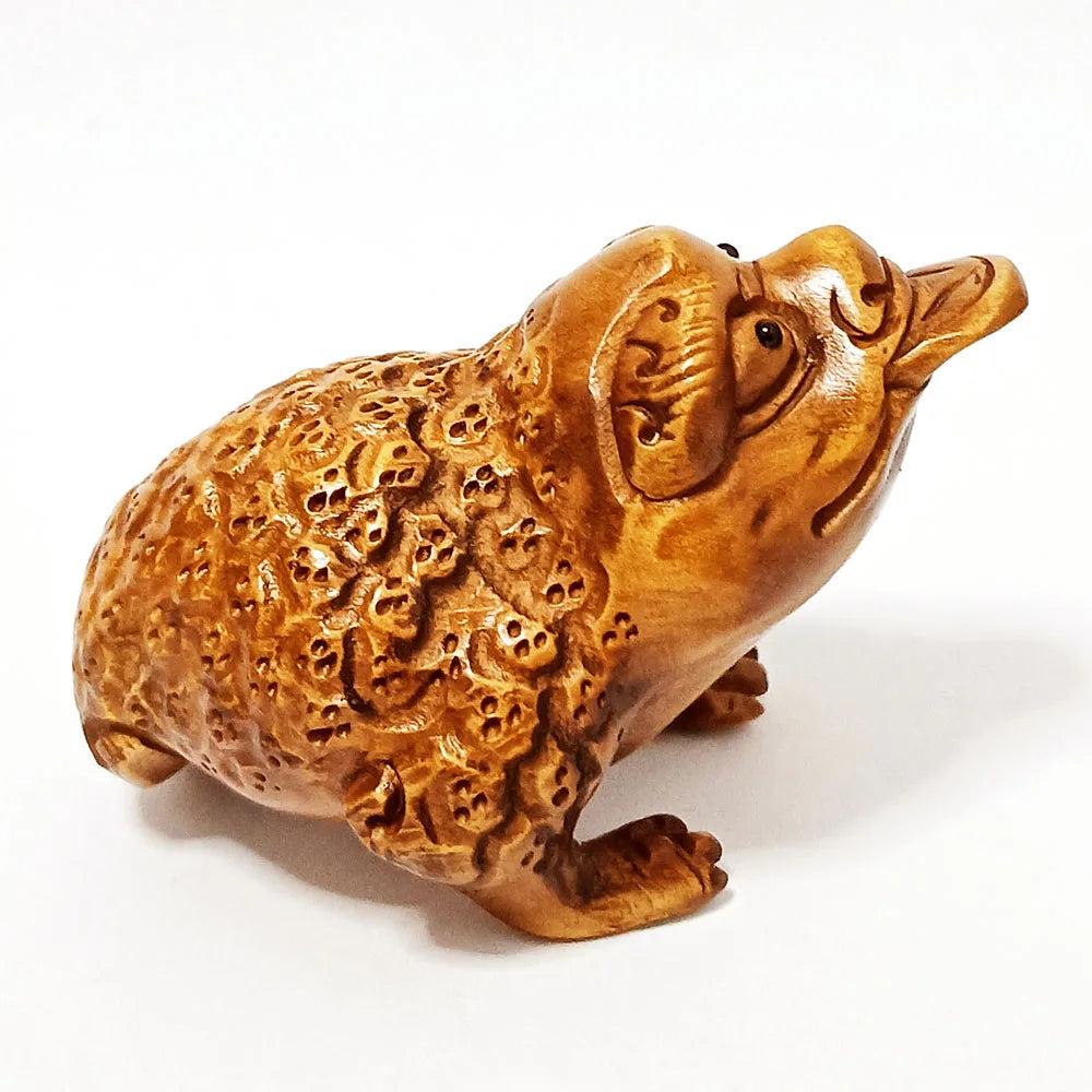 RS504, 2" Hand Carved Japanese Boxwood Netsuke, Wealthy Toad Figurine, Frog Sculpture, Small Ornaments