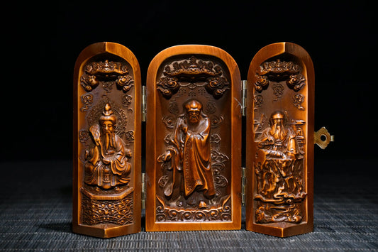 Tibetan Temple Boxwood Laozi Statue – Taishang Laojun with Three Open Boxes (4")