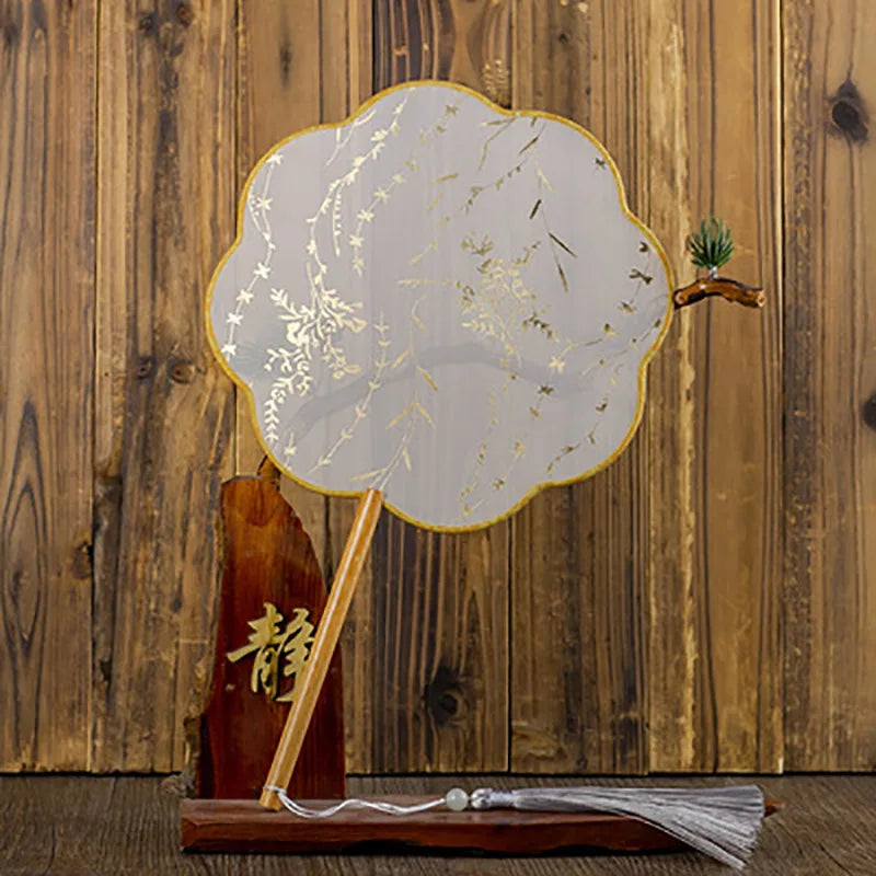 Translucent Silk Chinese Round Hand Fan, Floral, Unisex