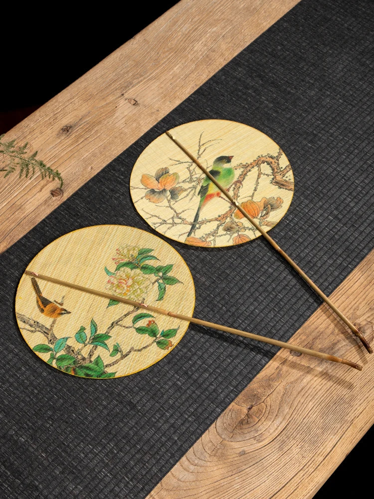 Handmade Bamboo and Silk Round Fan, Japanese Chinese Art