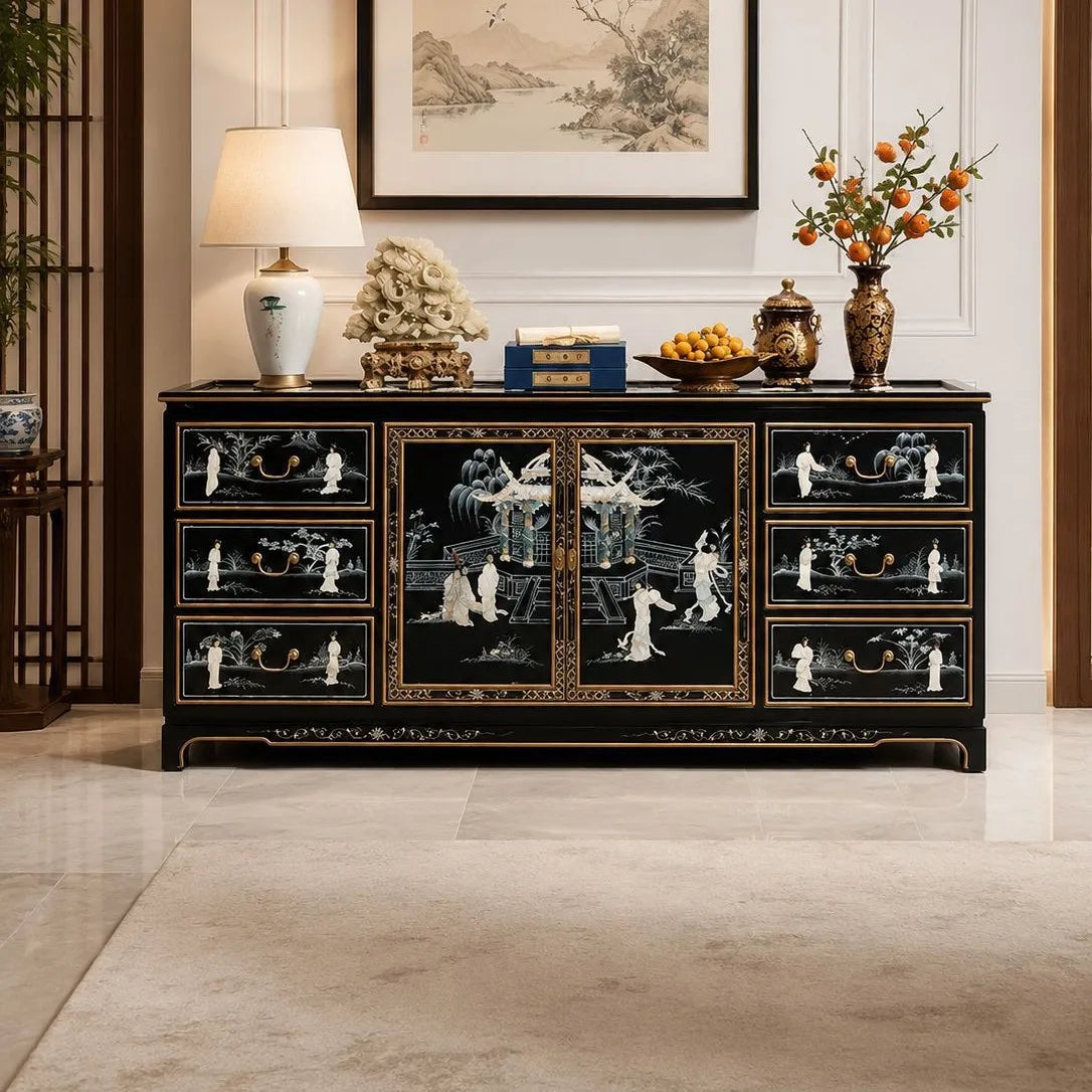 Piano Finish Solid Wood Six Drawer Two Door Cabinet Dining Sideboard with Mother of Pearl Inlay Ming Qing Style Classical