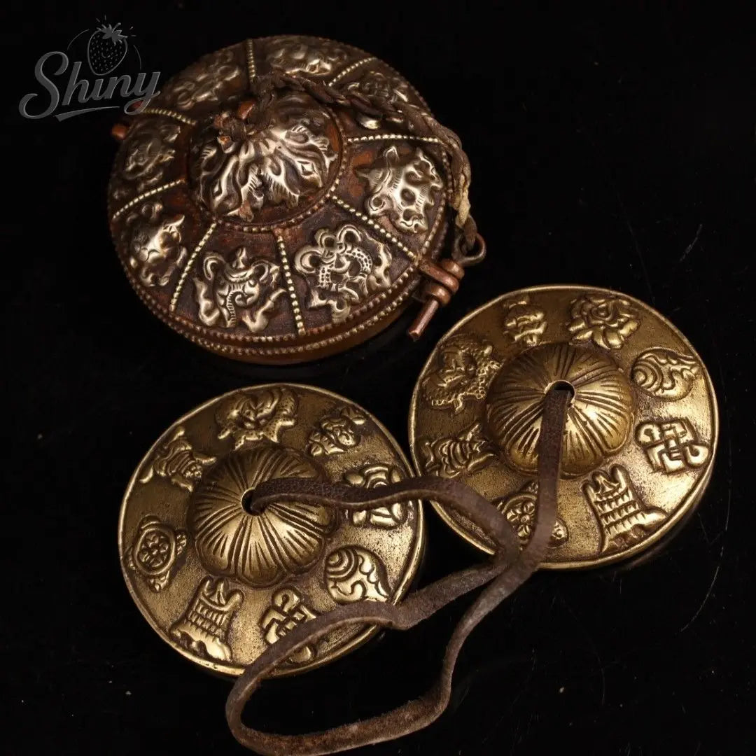 Tibetan Bronze Cinnabar Eight Treasures Bell & Box Set (3.5")