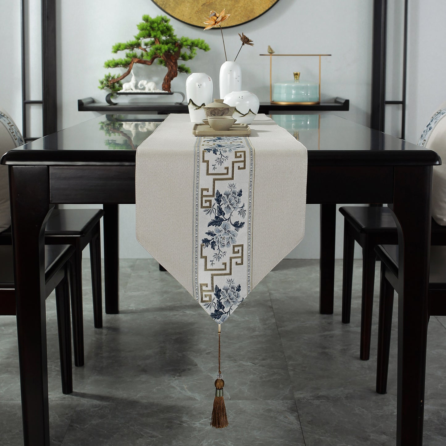 Chinese Table Runner with Floral and Zen Pattern