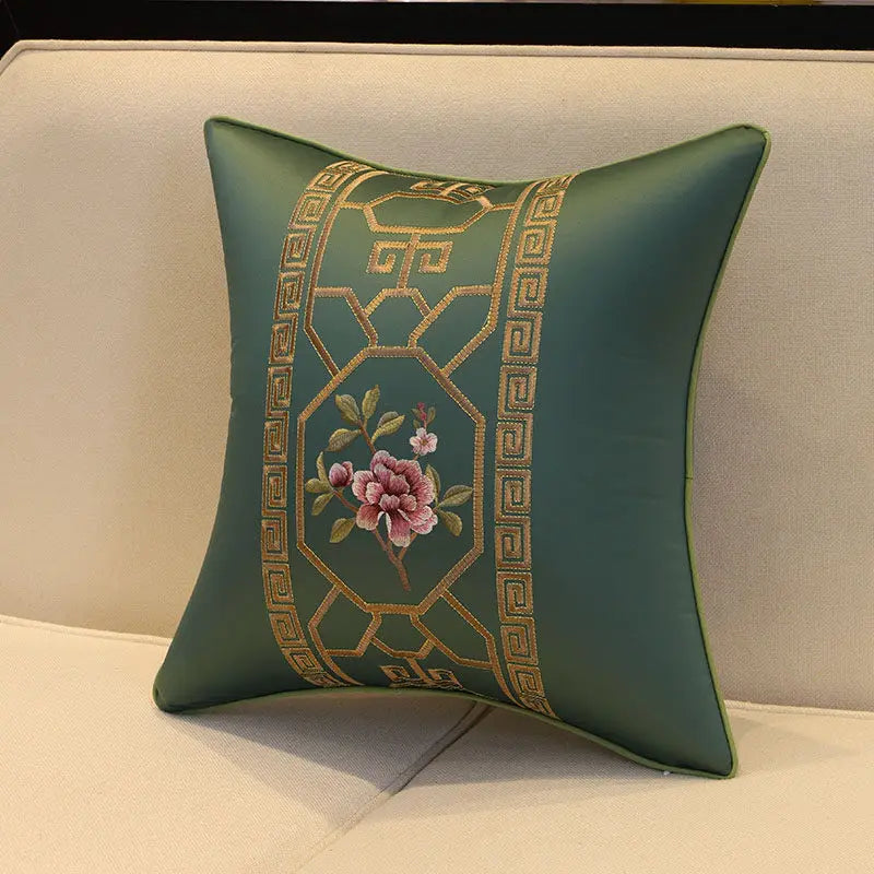 New Chinese-Style Flower & Bird Embroidered Pillow Cover – Silk-Touch Lumbar & Square Cushion Case