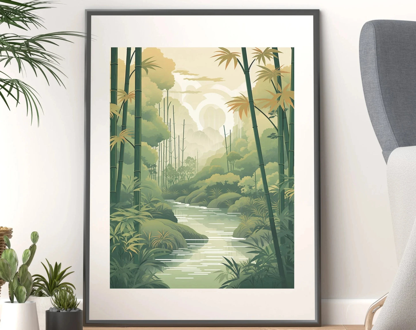 Minimalist Japanese Bamboo Forest & Crane Zen Wall Art Print