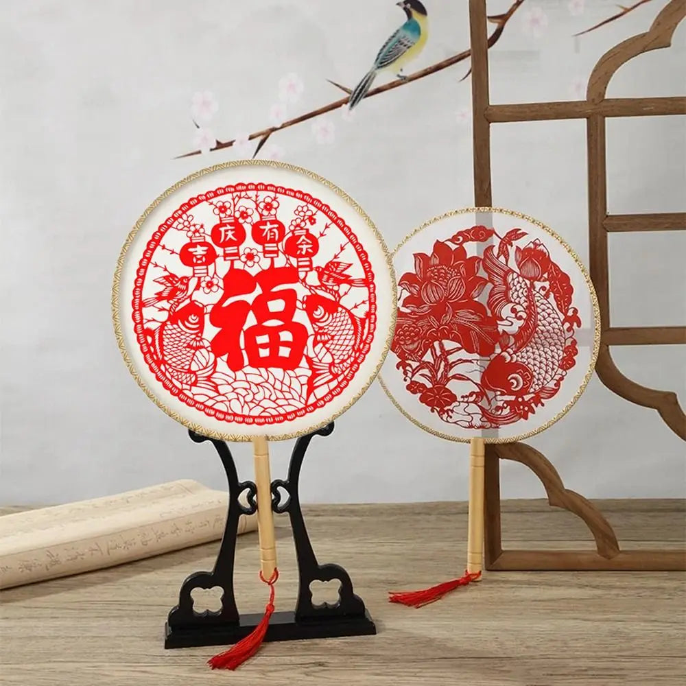 Chinese Paper-Cut Silk Hand Fan with Tassel