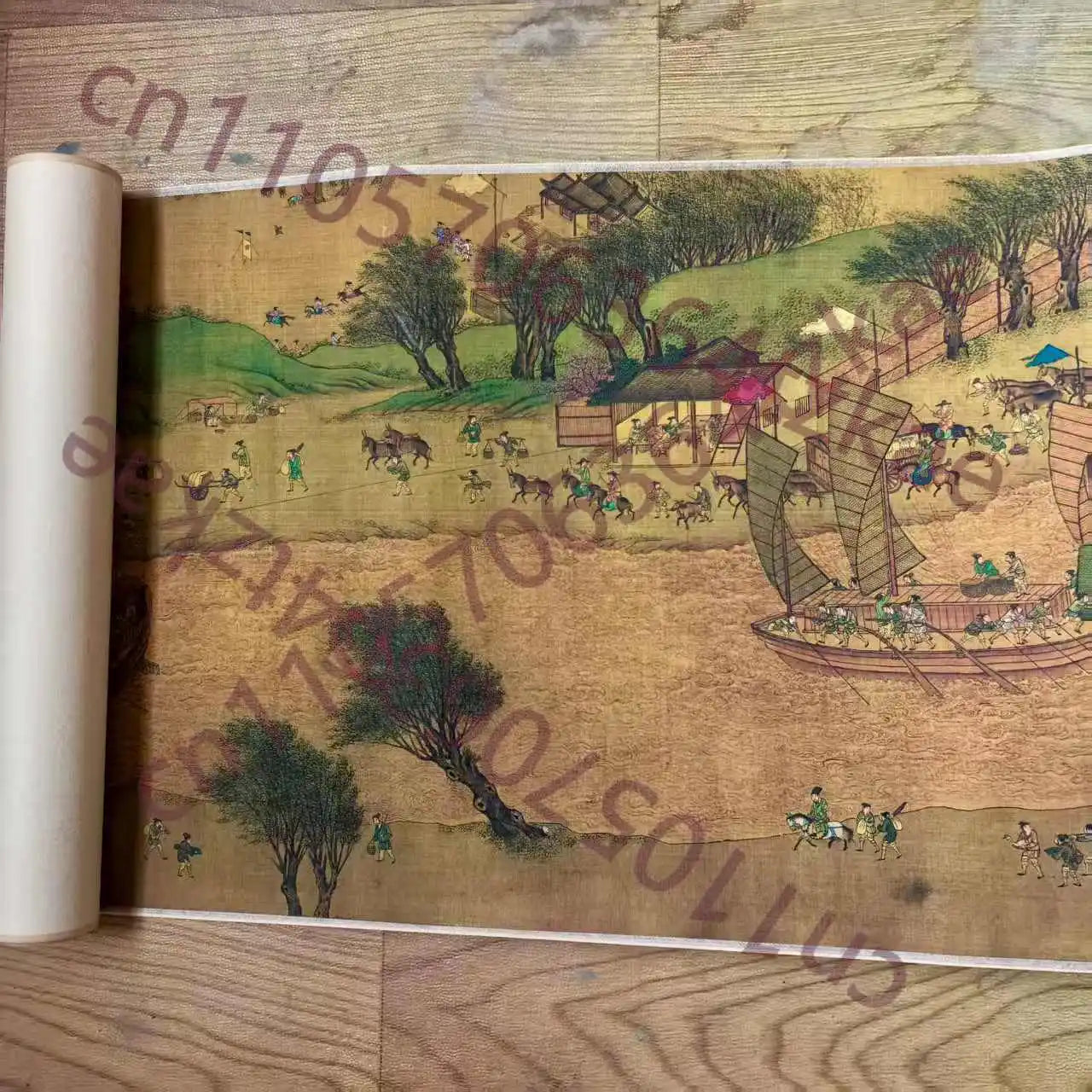 Chinese Old Picture Paper "Riverside Scene at Qingming Festival" Long Scroll Painting