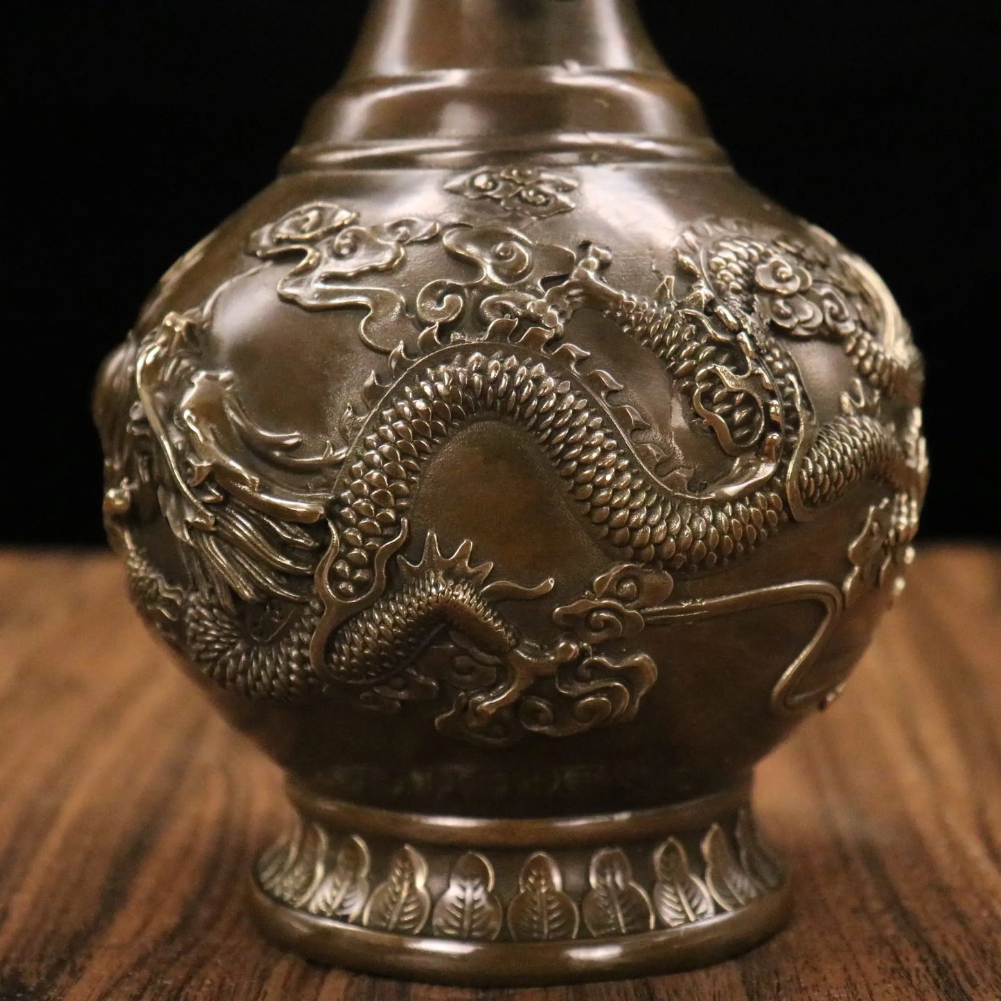 Tibetan Bronze Patina Dragon-Ear Dragon & Phoenix Vases (Pair, 11")