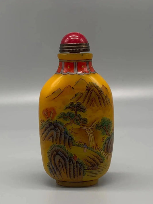 Rara botella de rapé china antigua de cristal pintado de la dinastía Qing, patrones de paisaje, #04, envío gratis