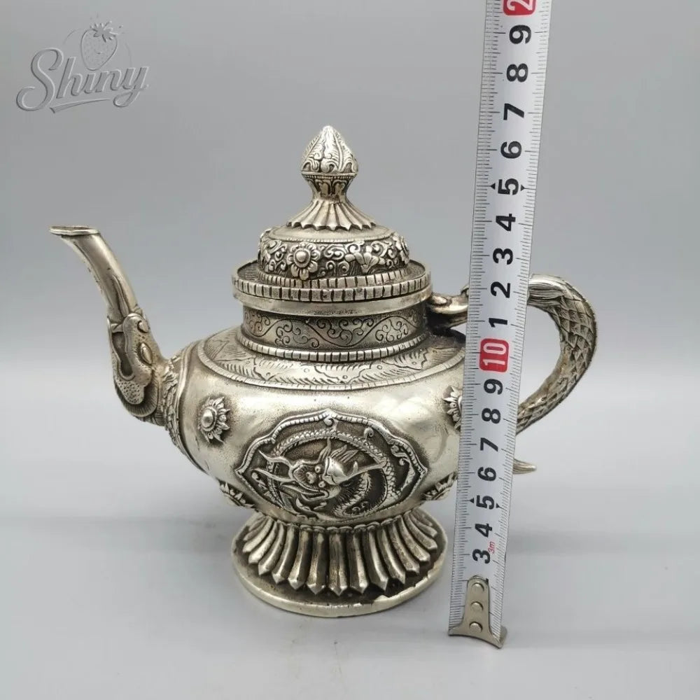 Exquisite alte chinesische Tibet Silber handgeschnitzte Drachenflasche / Teekanne