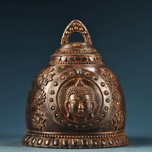 Tibetan Temple Gilded Shakyamuni Bell – Old Bronze Buddha-Head Pattern (6")