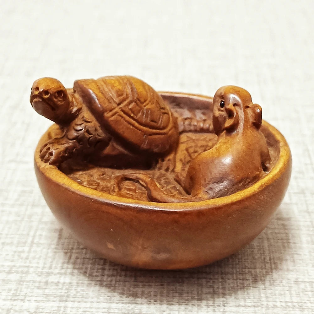 2" Buchsbaum Maus & Schildkröte Netsuke – Japanische Tierminiatur