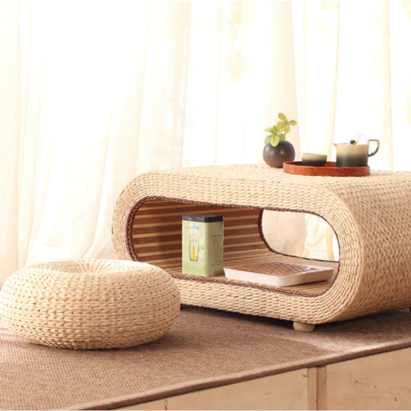 Japanese Living Room Coffee Desk Handmade Grass Weaving Tea Table Bay Window Balcony Rectangular Rattan Straw Low Kang Tables