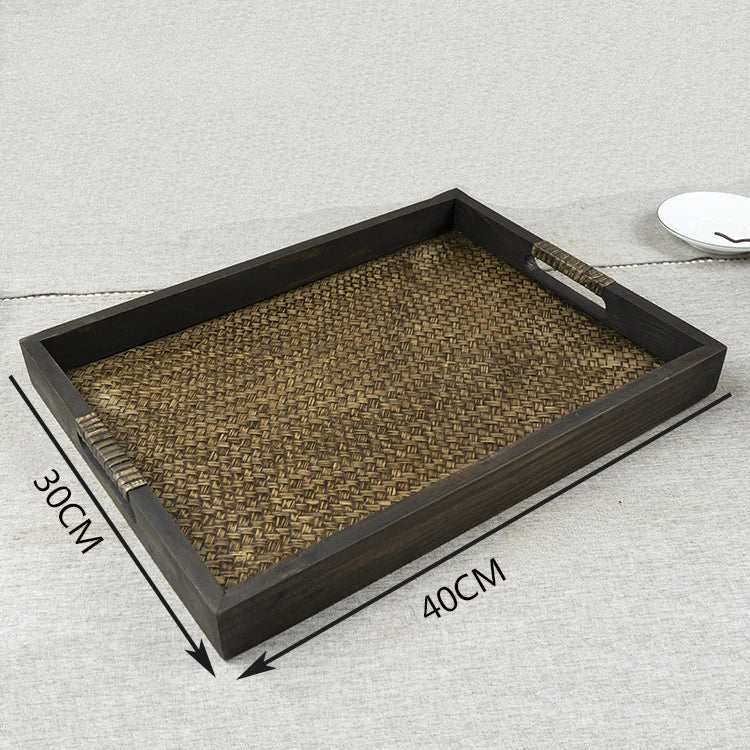 Southeast Asian Wooden Storage Tray - Handicraft Rattan Tea Tray for Water Cups and Tea Cups